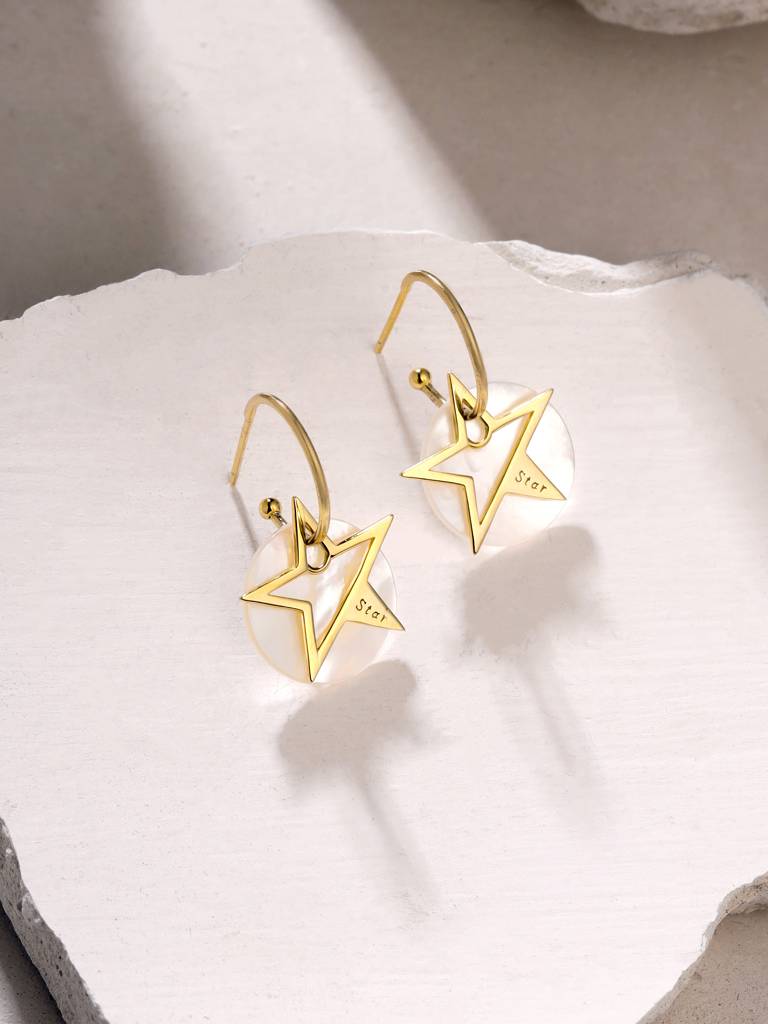 Kicky & Perky 925 Sterling Silver Star And Mother Of Pearl Hoop Earrings : VSILIJE006_G