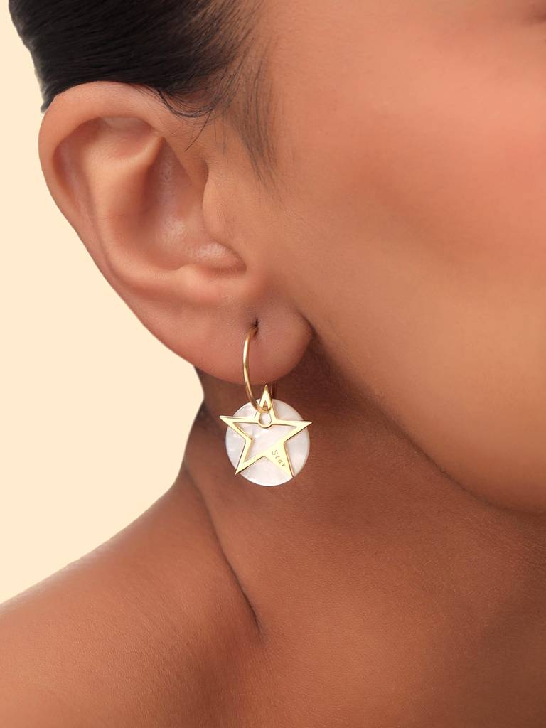 Kicky & Perky 925 Sterling Silver Star And Mother Of Pearl Hoop Earrings : VSILIJE006_G