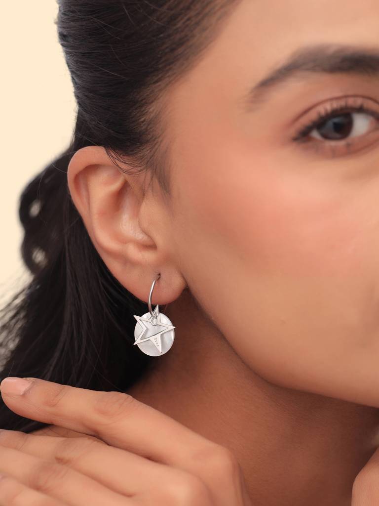 Kicky & Perky 925 Sterling Silver Star And Mother Of Pearl Hoop Earrings : VSILIJE006_S