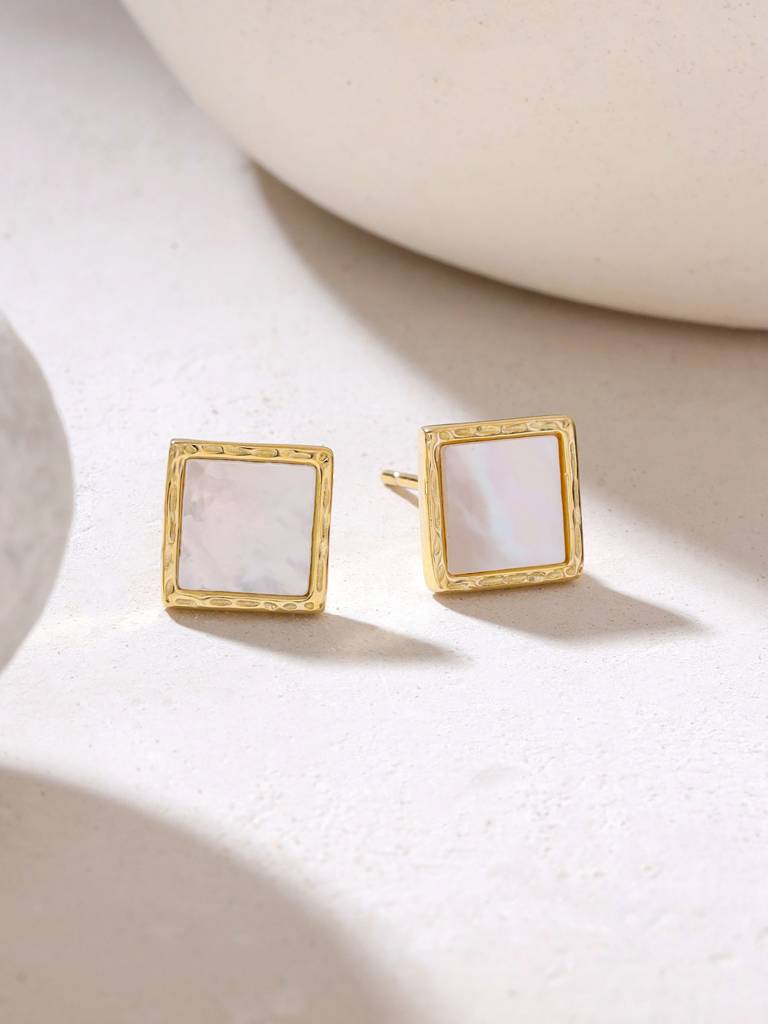 Kicky & Perky 925 Sterling Silver Square Mother Of Pearl Stud Earrings (14K Gold Plated ) : VSILIJE027_G