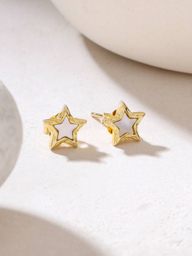 Kicky & Perky 925 Sterling Silver Stud Earrings 14K Gold Plated Star-Shaped Mother Of Pearl : VSILIJE028_G