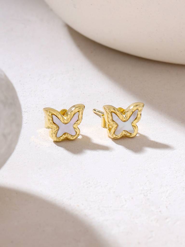 Kicky & Perky 925 Sterling Silver 14K Gold Plated Butterfly Mother Of Pearl Stud Earrings : VSILIJE034_G