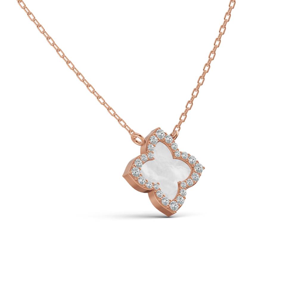 14K Rose Gold Lustre Mother Of Pearl Clover Diamond Chain : W-CH0000313-14K-RS