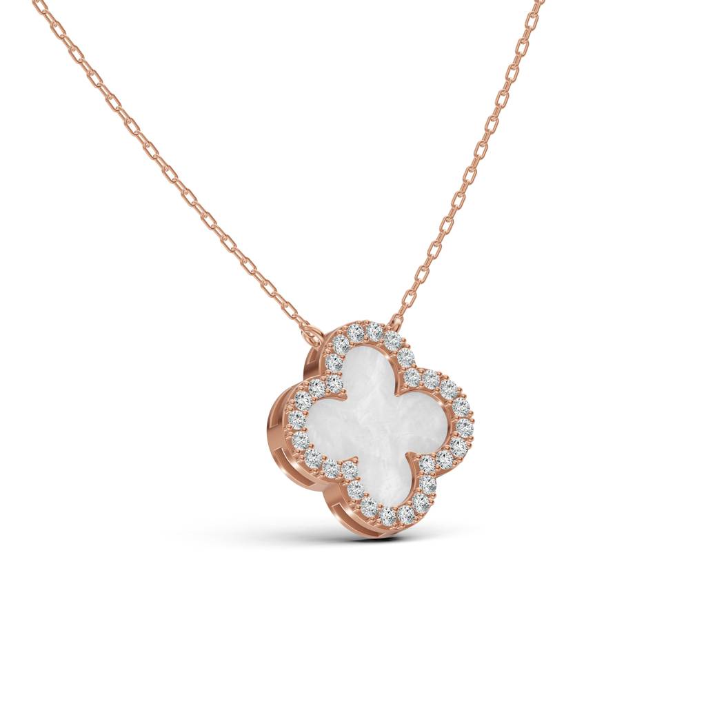 14K Rose Gold Mother Of Pearl Clover Diamond Chain : W-CH0000317-14K-RS