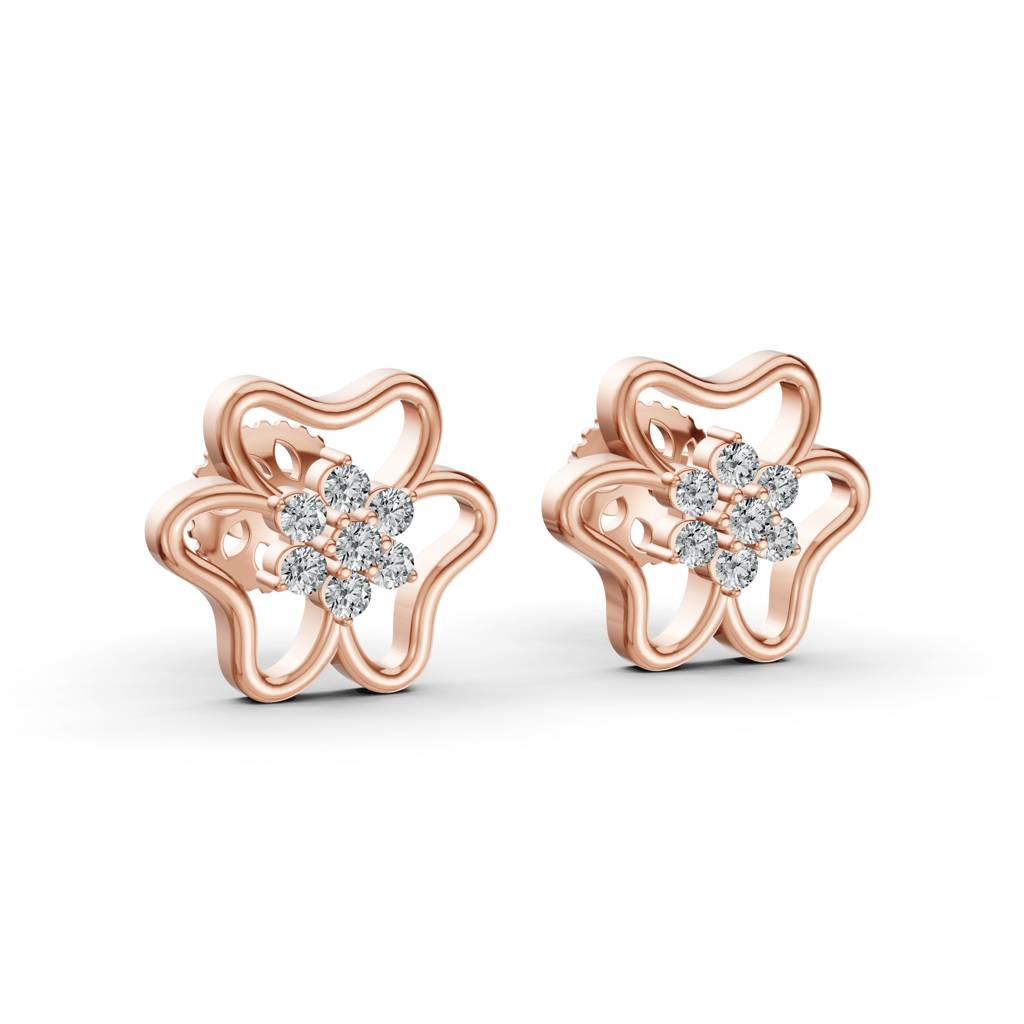 14K Rose Gold Diamond Flower Stud Earrings : W-ST0001498-14K-RS