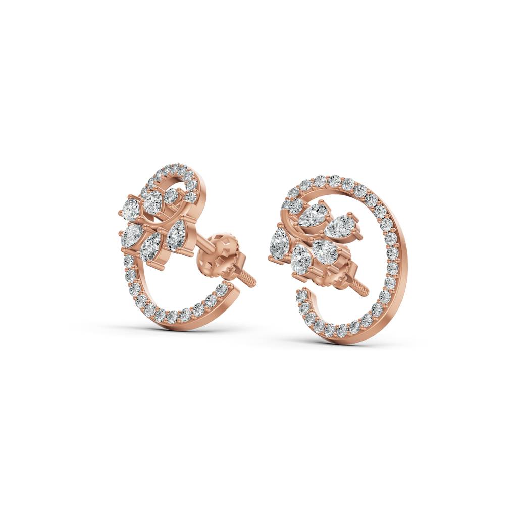14K Rose Gold Floral Swirl Diamond Stud Earrings : W-ST0001504-14K-RS