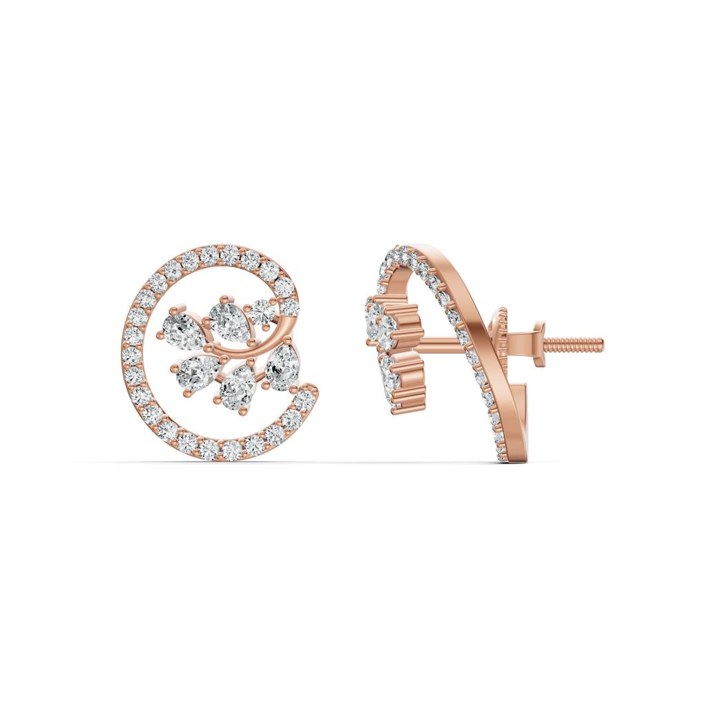 14K Rose Gold Floral Swirl Diamond Stud Earrings : W-ST0001504-14K-RS