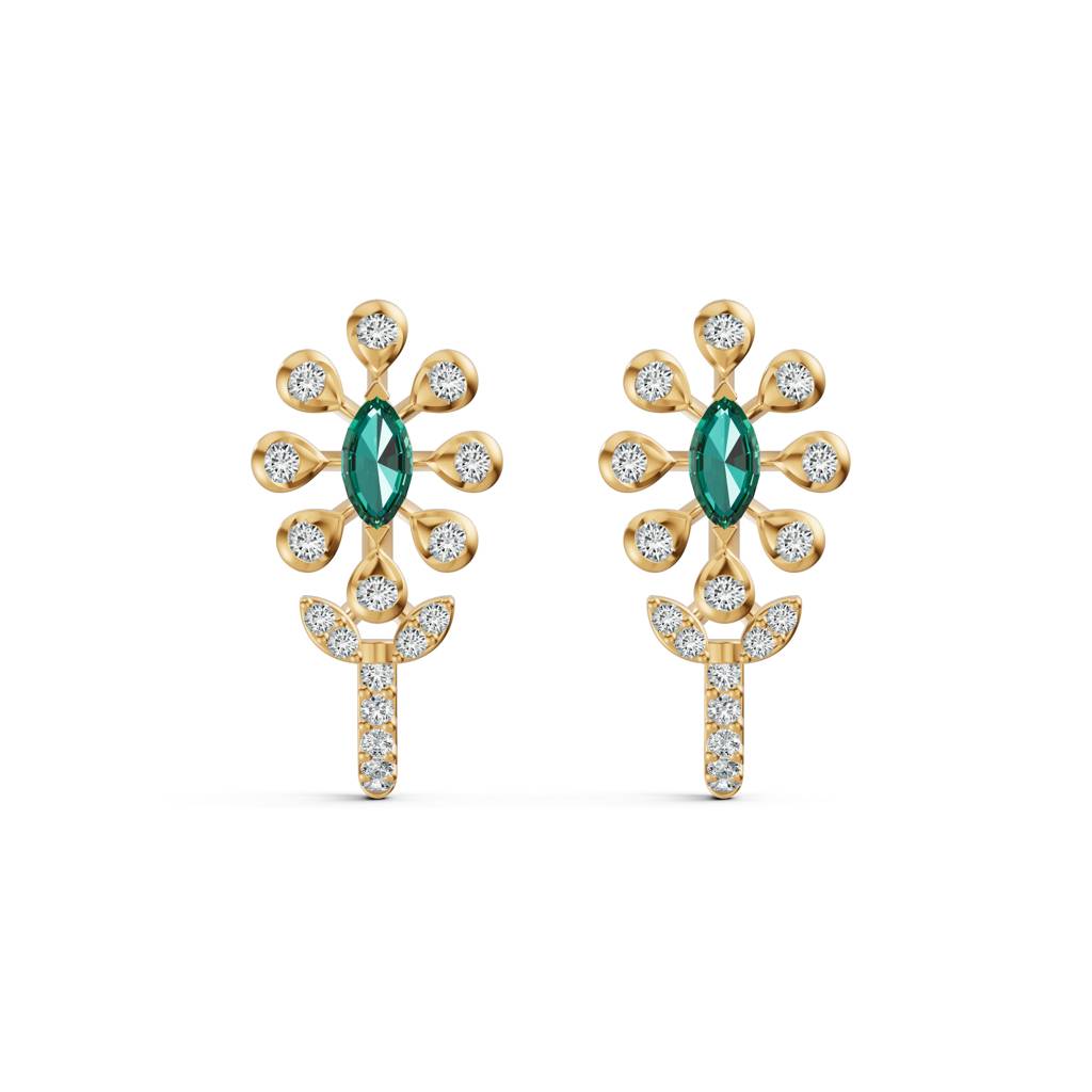 9K Yellow Gold Emerald Bloom J-Stud Diamond Earrings : W-VA0000281-9K-YL
