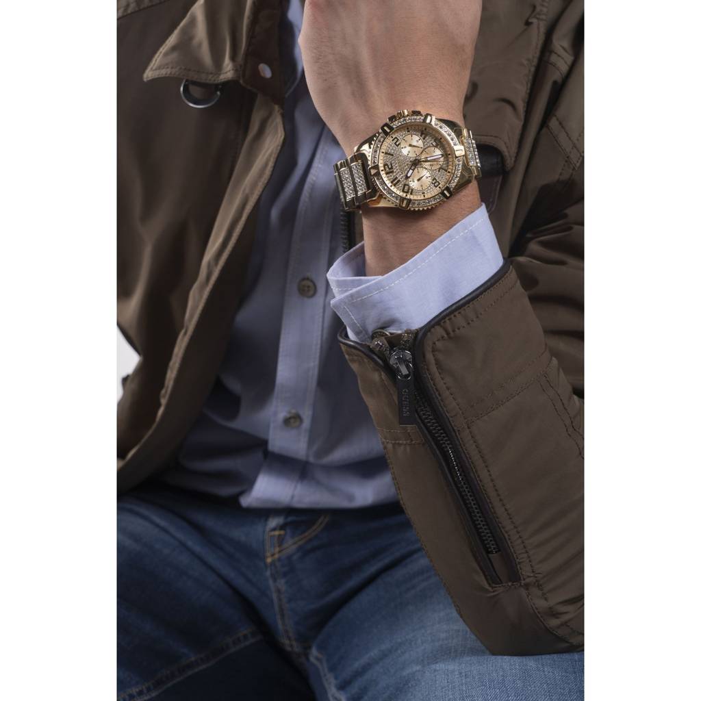 Guess Round 48Mm Champagne Dial Analog Men Watch - W0799G2 : W0799G2