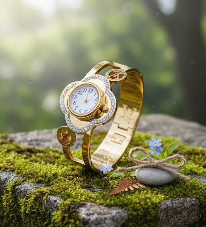 Crystal Clover Gold Plated Women'S Bracelet Watch | Luxury Designer Bangle Watch For Women : AST-BRA-0083
