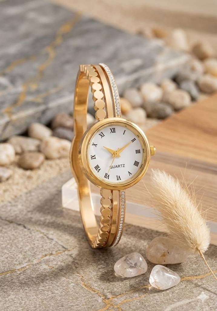 Classic Gold Plated Women'S Bracelet Watch | Crystal Designer Bangle Watch With Roman Dial : AST-BRA-0084