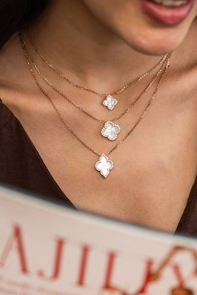 14K Rose Gold Lustre Mother Of Pearl Clover Diamond Chain : W-CH0000313-14K-RS