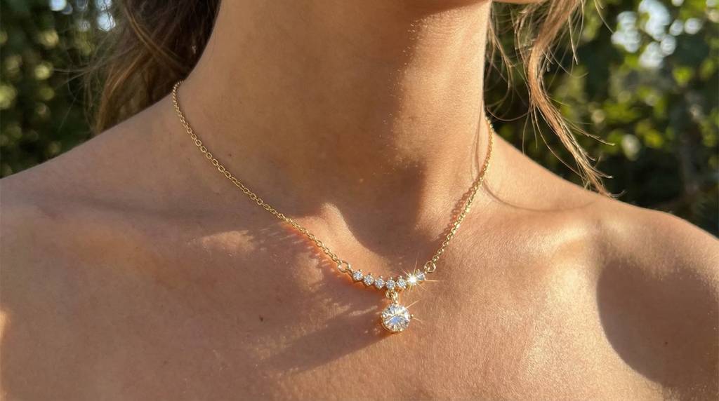 Crystal Ribbon 18K Gold Plated Necklace For Women | Elegant Ribbon Pendant Jewellery : 3528445567