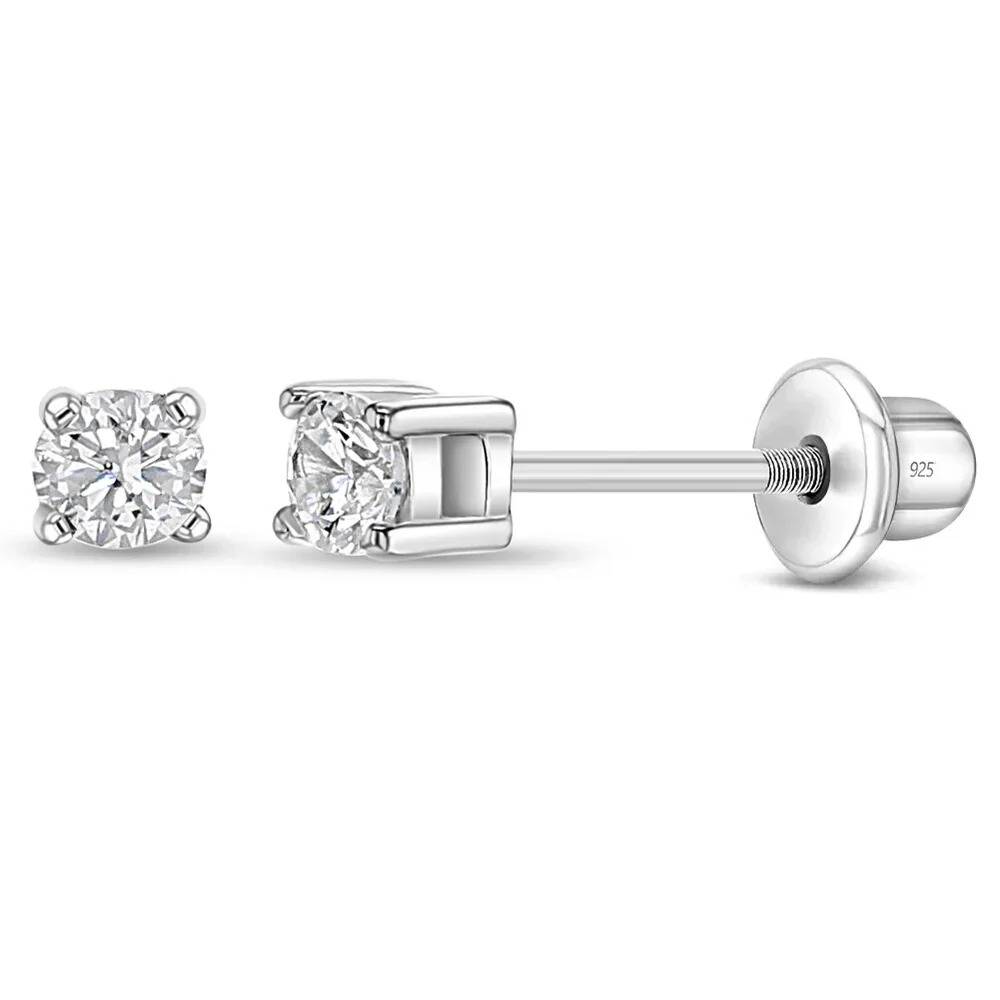 Solitaire Screw Back Stud Earrings For Kids Â Sterling Silver With Cubic Zirconia : KS-YG-0001