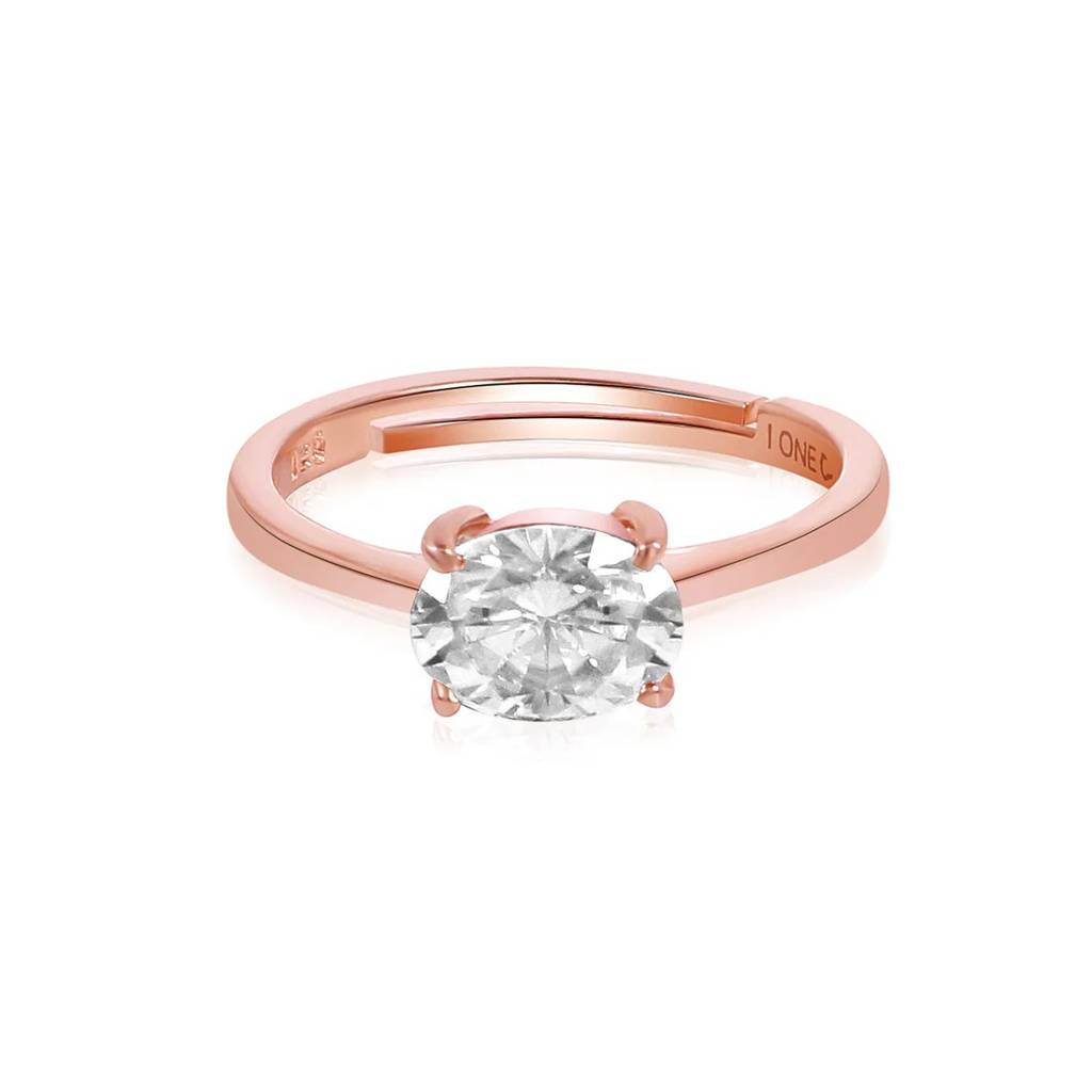 Oval Moissanite East-West Solitaire Ring - 1 Carat In 14K Rose Gold Plated (Adjustable) : RL-0010