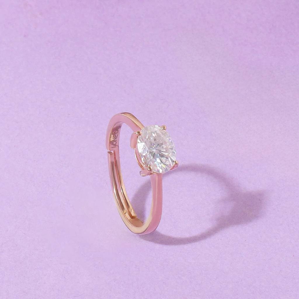 Oval Moissanite East-West Solitaire Ring - 1 Carat In 14K Rose Gold Plated (Adjustable) : RL-0010