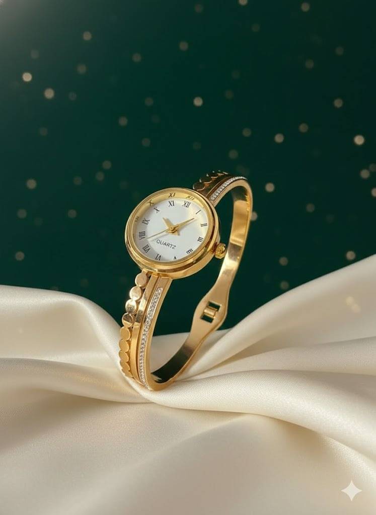 Classic Gold Plated Women'S Bracelet Watch | Crystal Designer Bangle Watch With Roman Dial : AST-BRA-0084