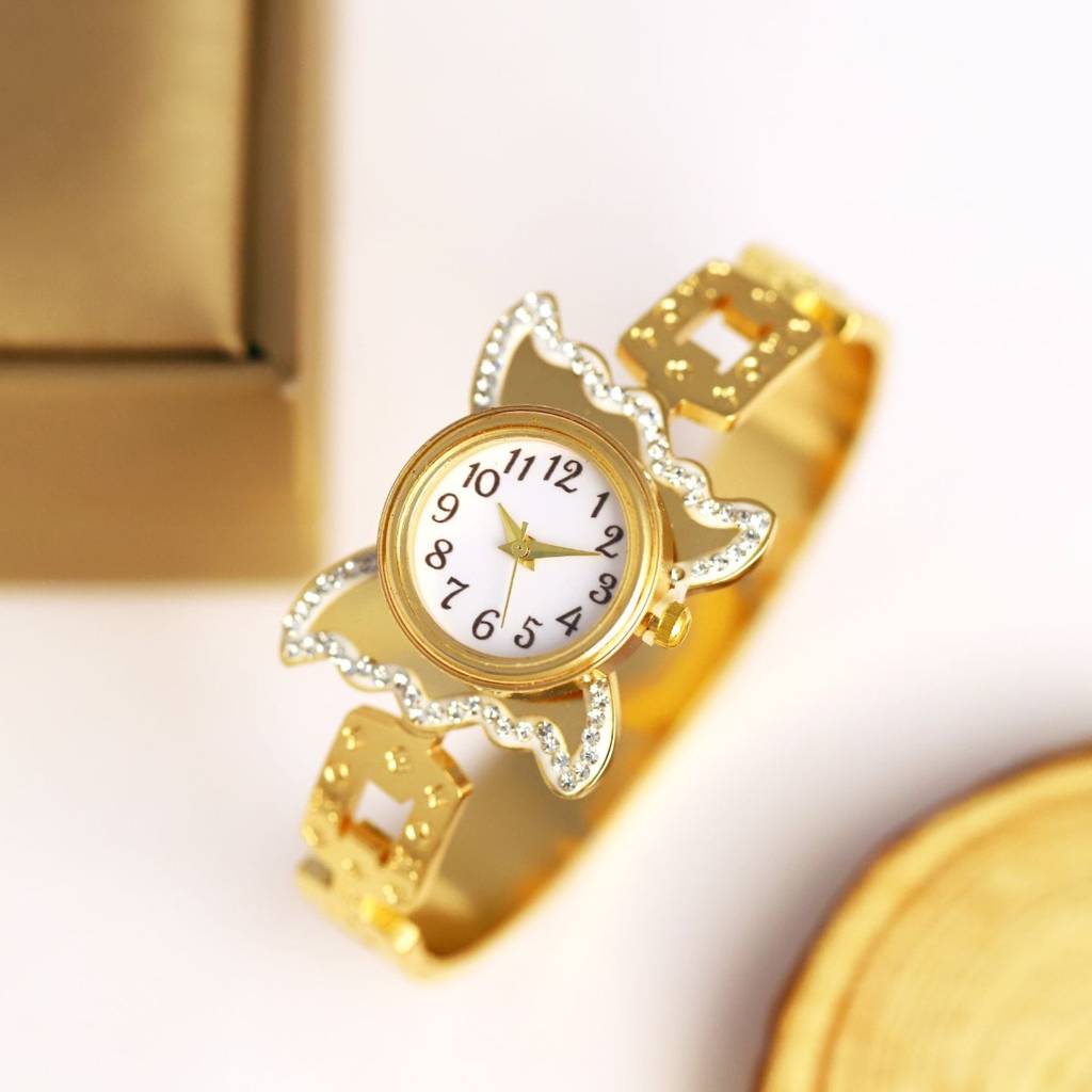Crystal Butterfly Gold Plated Women'S Bracelet Watch | Elegant Designer Bangle Watch For Women : AST-BRA-0082