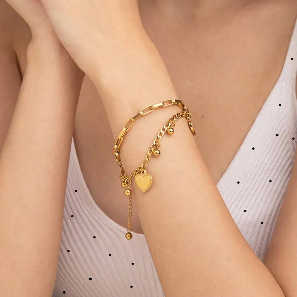18K Gold Plated Anti-Tarnish Heart Charm Bracelet : BRA-1036
