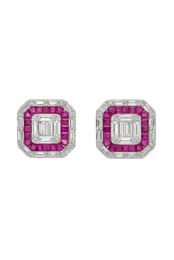 Imperial Ruby And Diamond Studs Silver Earrings : E058