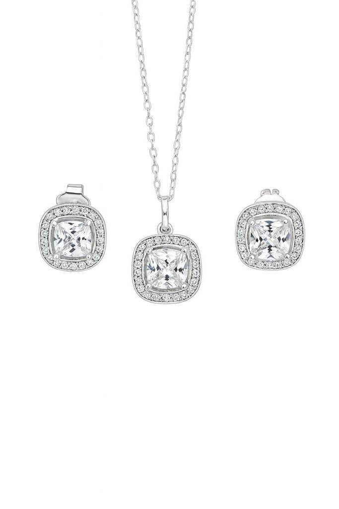 Cushion Diamond Silver Pendant Set : PS010