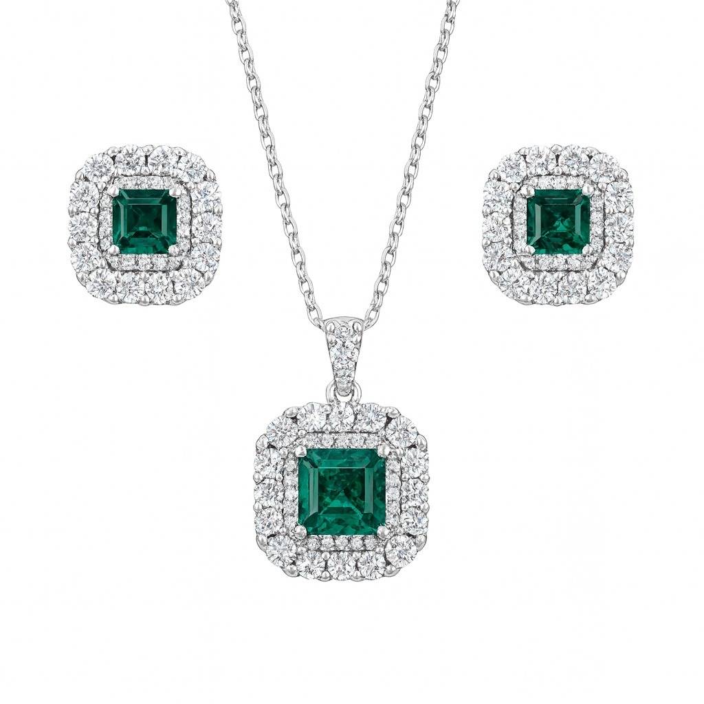 Forever Emerald And Diamond Silver Pendant Set : PS024