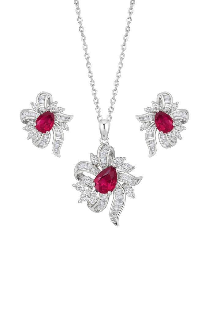 Festive Ruby And Diamond Silver Pendant Set : PS021