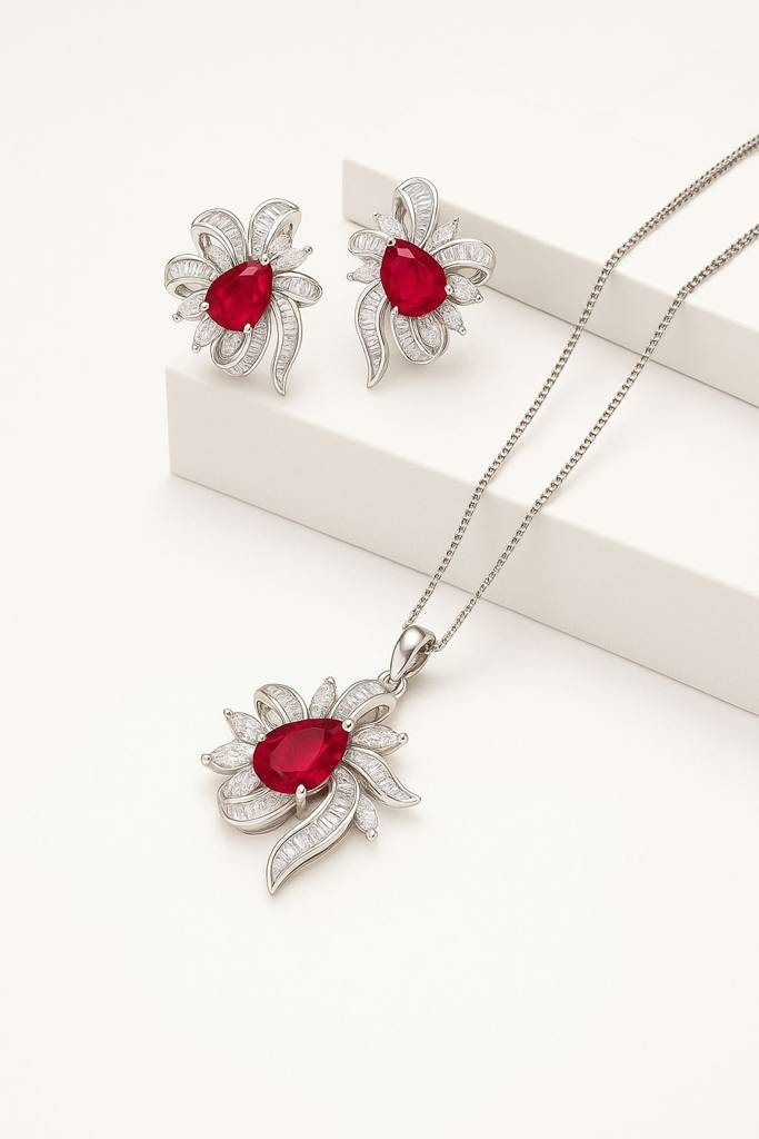 Festive Ruby And Diamond Silver Pendant Set : PS021