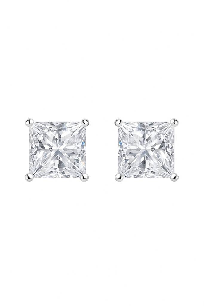 Classic Princess Solitaire Studs Silver Earrings : E088