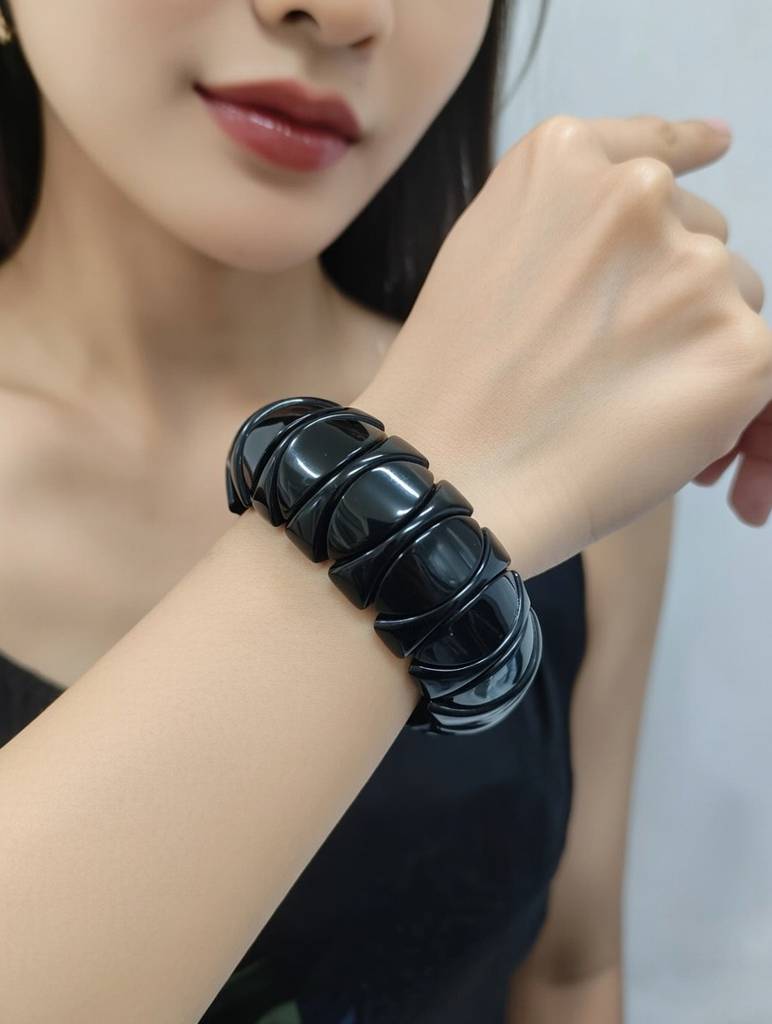 Chunky Black Statement Bracelet For Women, High Gloss Resin Bangle, Modern Minimal Jewelry : AST-BRA-0052