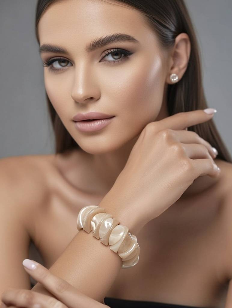 Ivory Chunky Statement Bracelet For Women, Glossy Sculpted Resin Bangle, Elegant Modern Fashion Jewelry : AST-BRA-0053