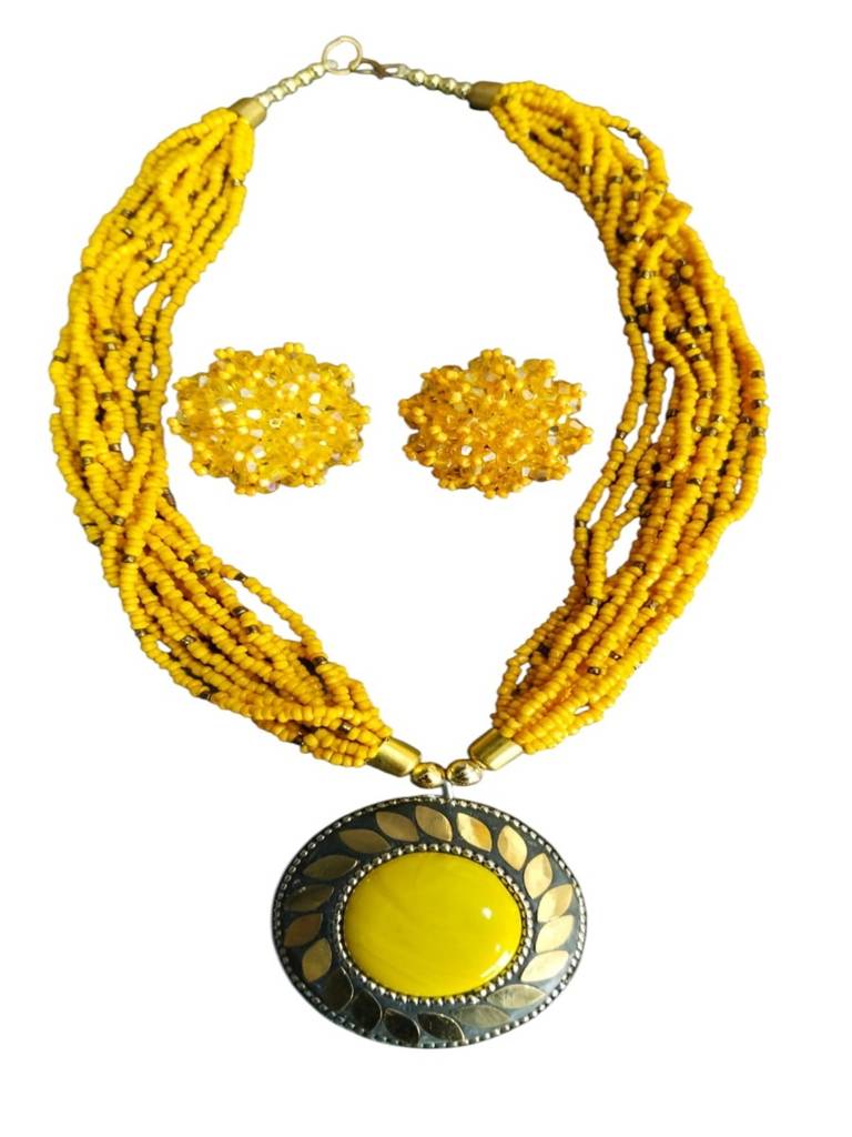 All-Day Statement Beaded Necklace Set : BDE-YLW-TBOL-NWE-148