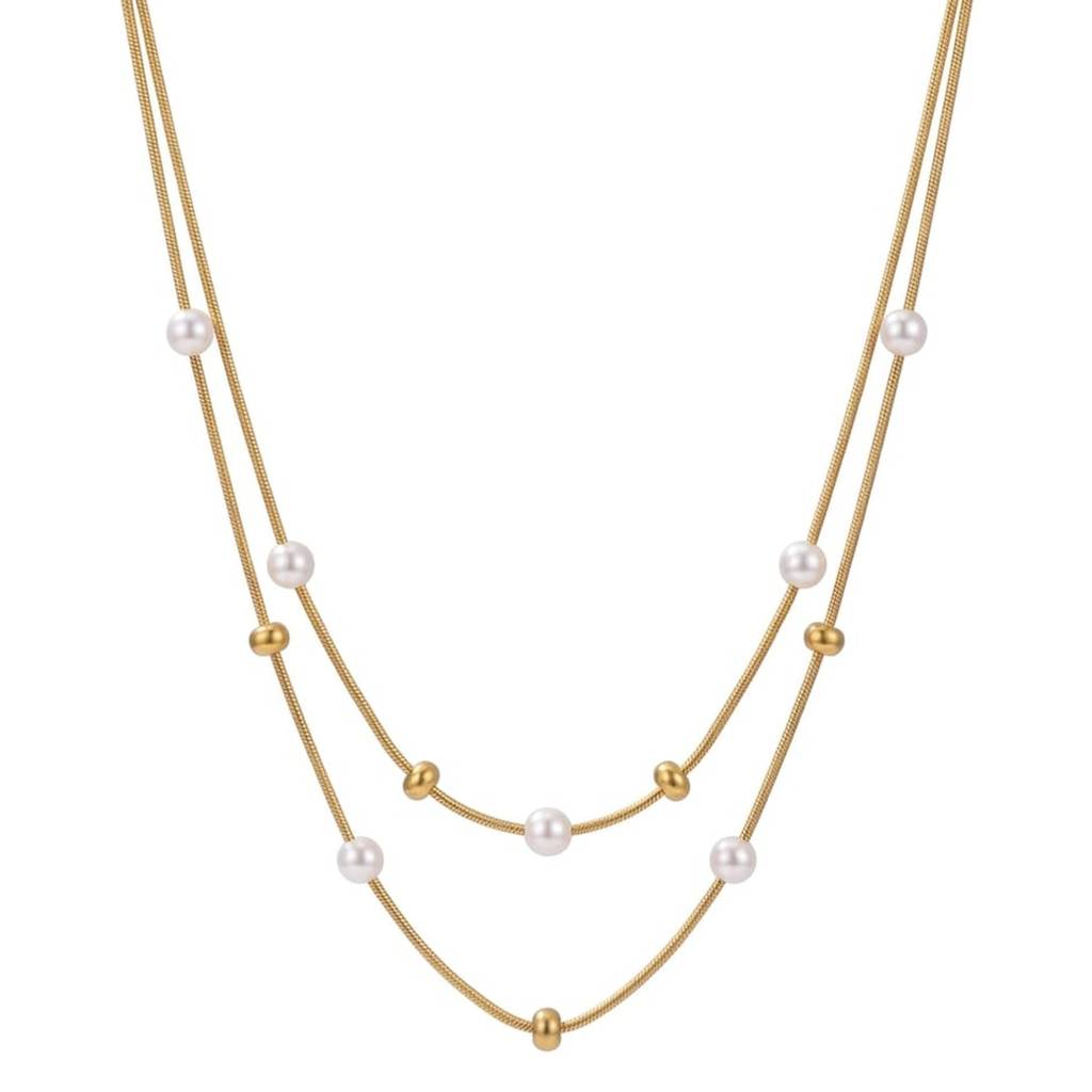 18K Gold Plated Double Layered Pearl Station Snake Chain Necklace : RJFSPN138