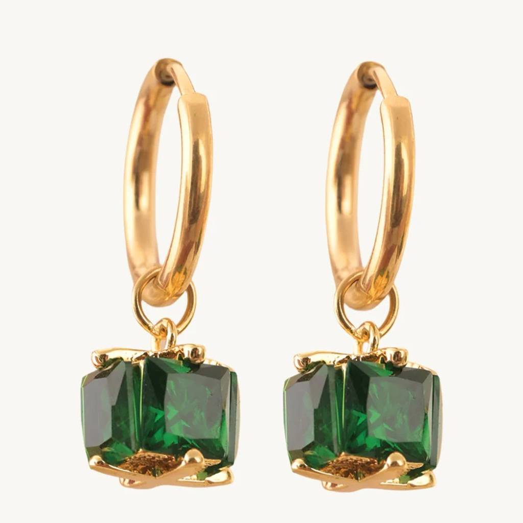 18K Gold Plated Hoop With Green Square Cz Charm Drop Earrings : RJFSER146