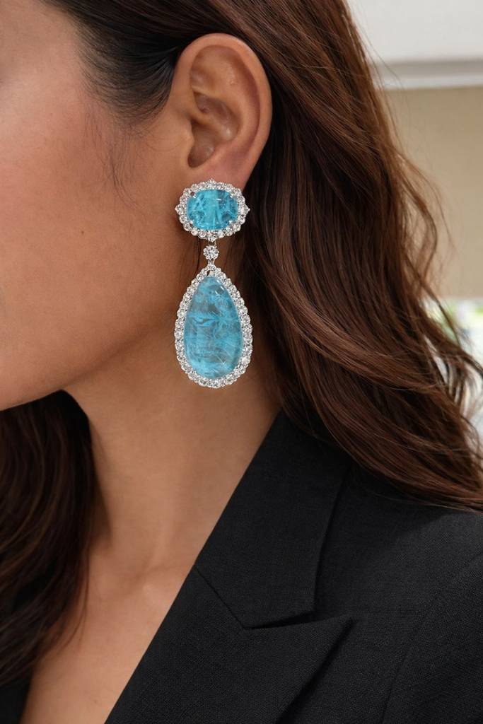 Aqua Blue Crystal American Diamond Studded Premium Party Long Earrings : 100013