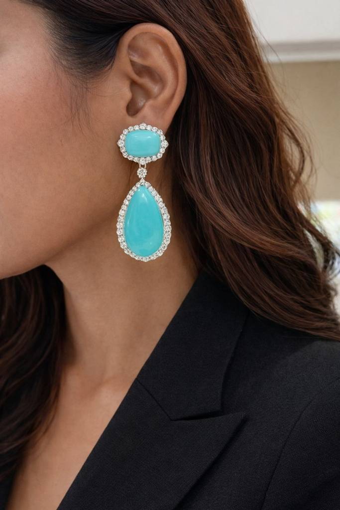 Sea Blue American Diamond Studded Premium Party Long Earrings : 100014