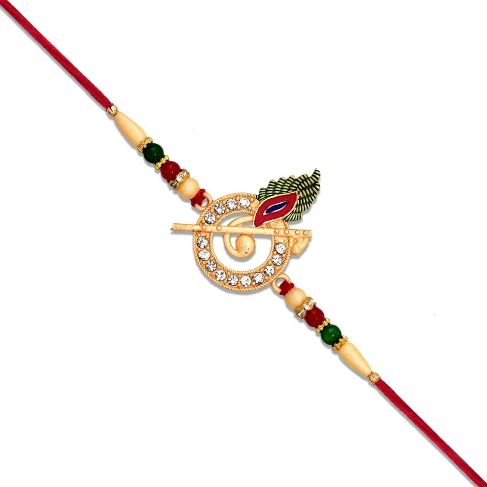 Silver Filigree Rakhi With Red & Green Teardrop Stones : MRR-RAKHI-0035