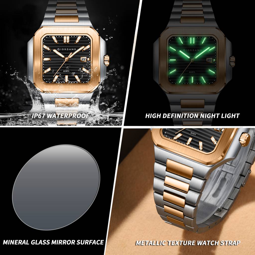 Giordano Square Formal Watch For Men Â Textured Dial,Day & Date Display And Stylish Stainless Steel Strap : GZ-50174-11