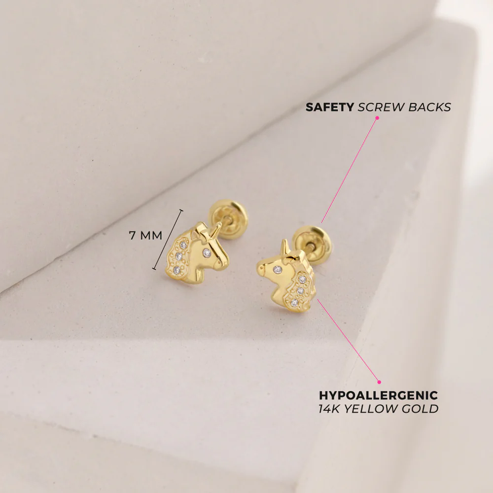 14K Gold Plated Sterling Silver Unicorn Earrings With Sparkling Cz For Girls : KS-YG-0005